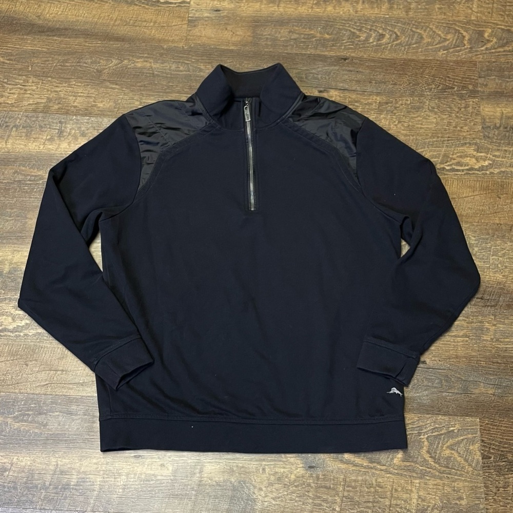 Tommy Bahama 1/4 Zip Sweater Mens Large Black Pullover Fleece Mock Neck Jacket